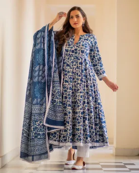 Cotton Dress Set - Indigo Colored Dabu Print