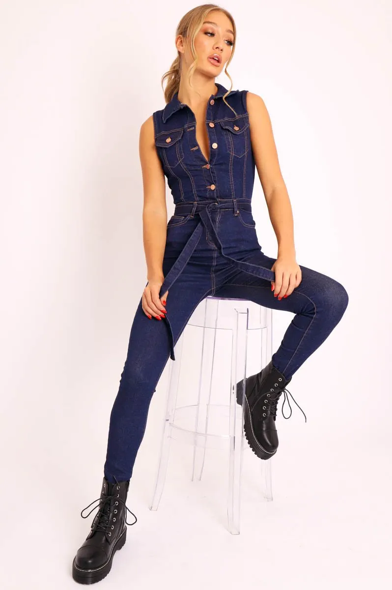 Dark Blue Button Front Sleeveless Jumpsuit - Faven