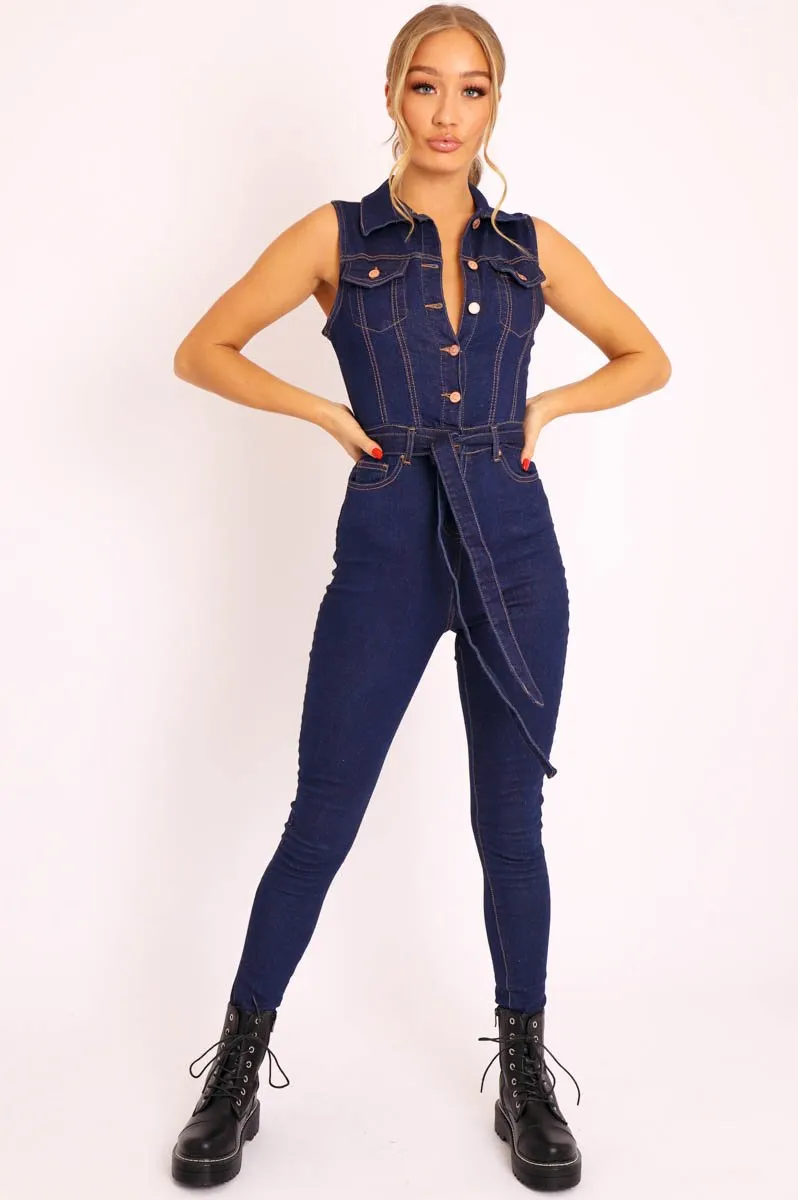 Dark Blue Button Front Sleeveless Jumpsuit - Faven