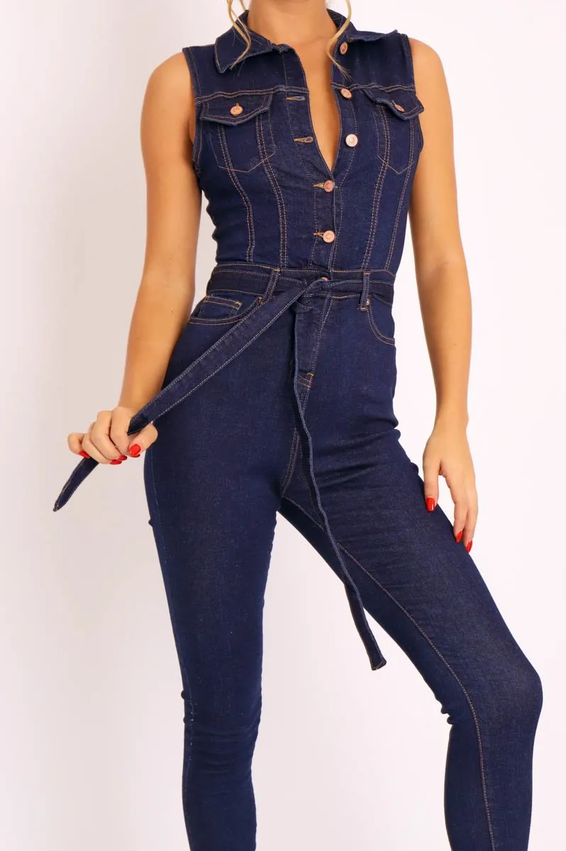 Dark Blue Button Front Sleeveless Jumpsuit - Faven