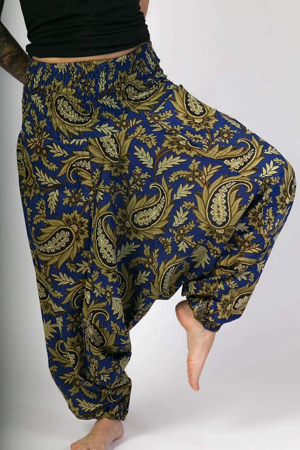 Dark Blue Floral Print Cotton Harem Yoga Jumpsuit Pants