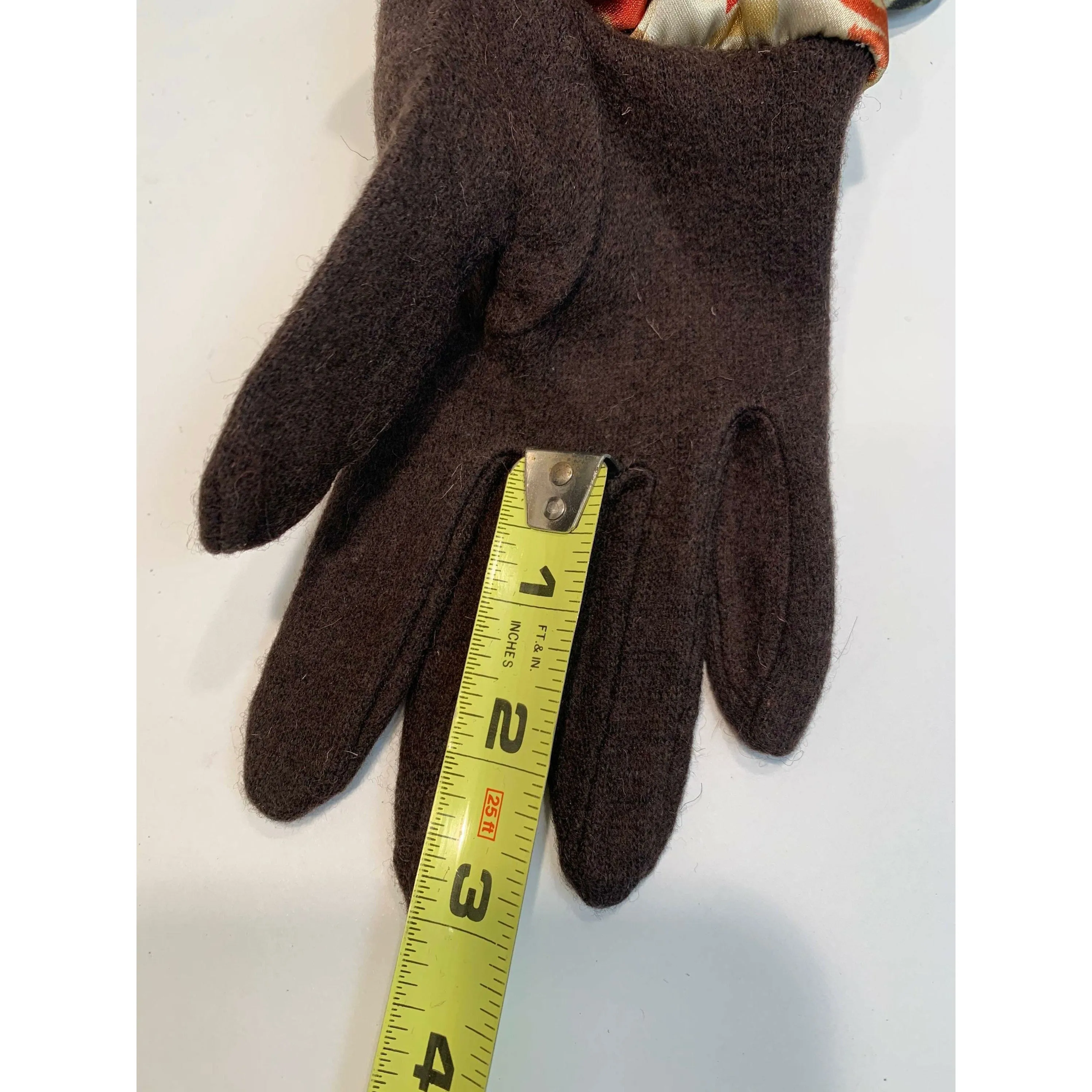 Dark brown full finger wool gloves with shirred satin animal cuffs. Toasty winter gloves stretch fit. Free Shipping