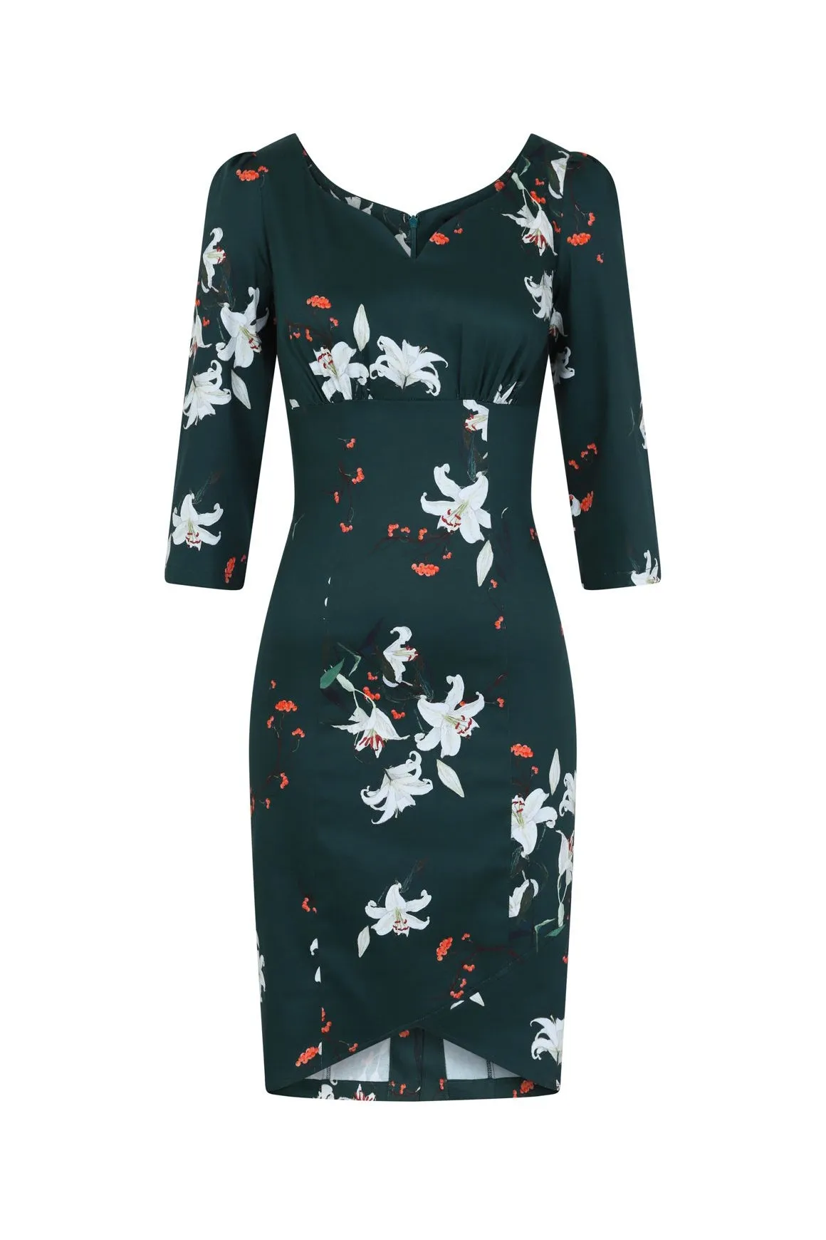 Dark Green Floral Print 3/4 Sleeve Empire Waist Pencil Wiggle Dress