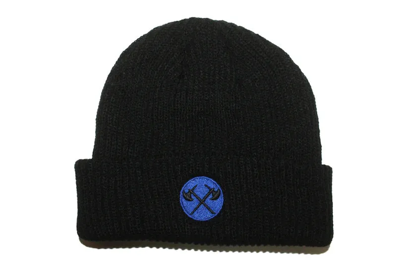 Demolition Axes Cuff Beanie - Royal Blue Embroidery On Black