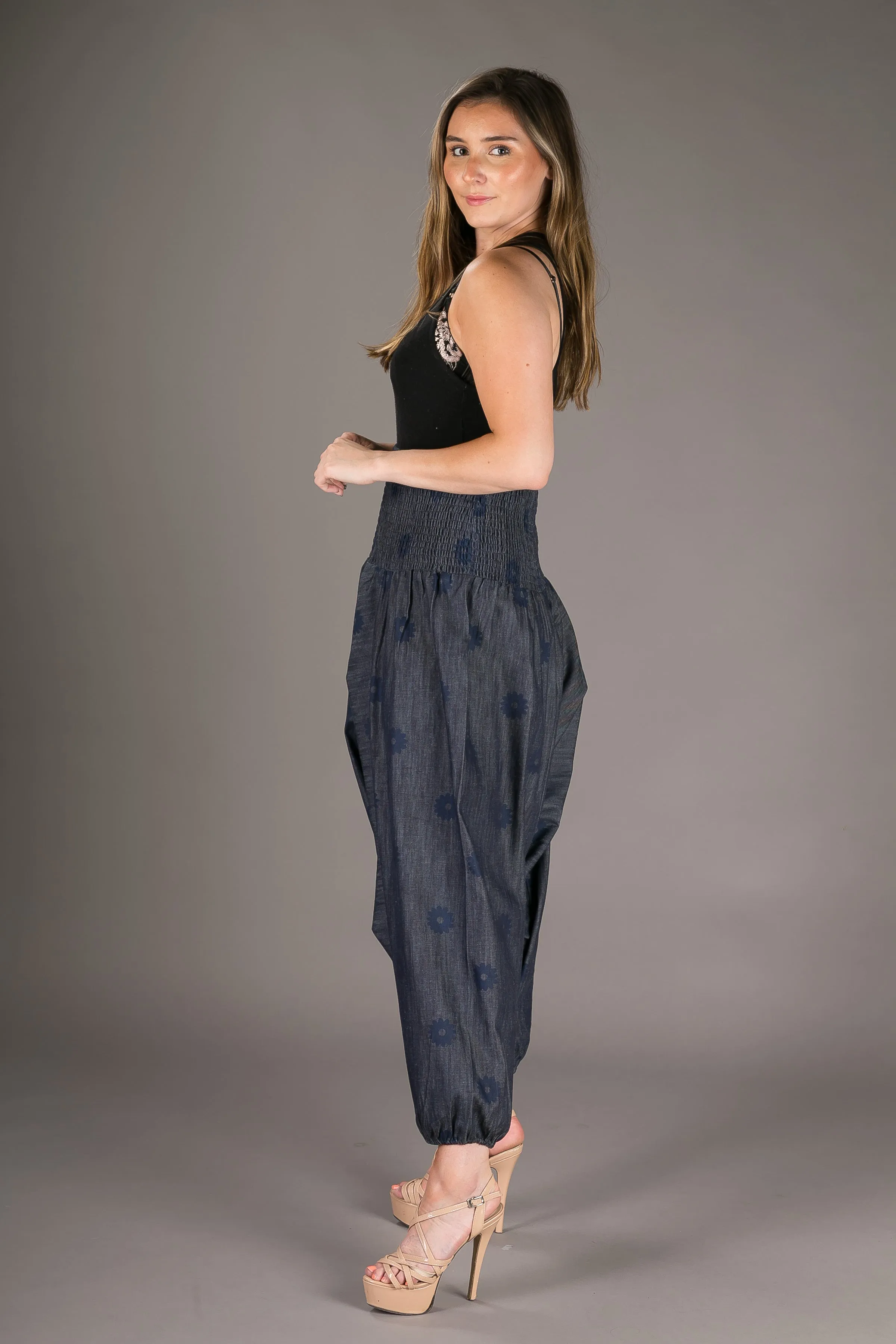 Denim Floral Cotton Harem Yoga Jumpsuit Pants