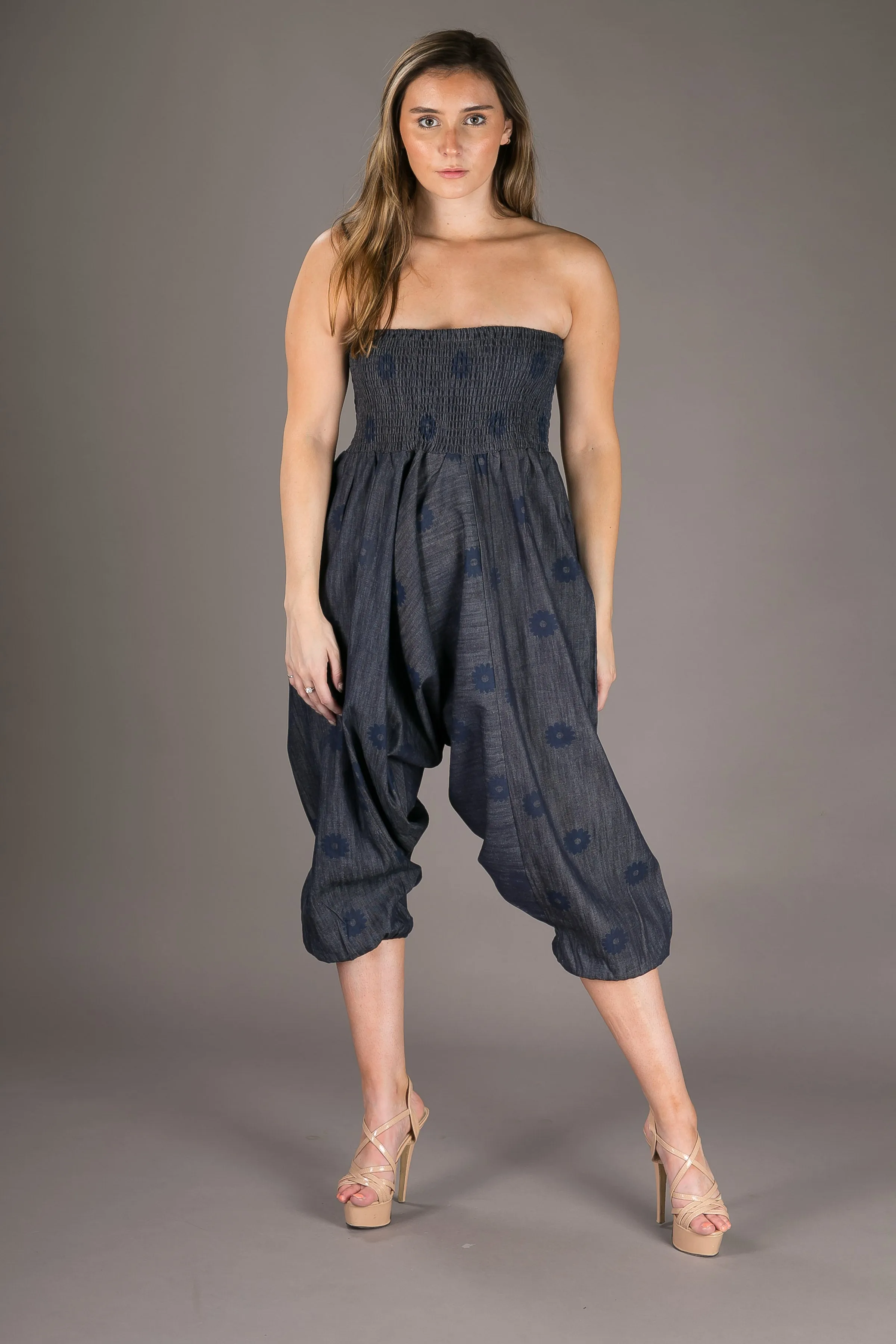 Denim Floral Cotton Harem Yoga Jumpsuit Pants