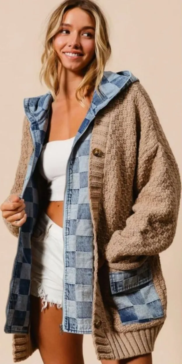 Double Take Full Size Hooded Denim Spliced Sweater Cardigan