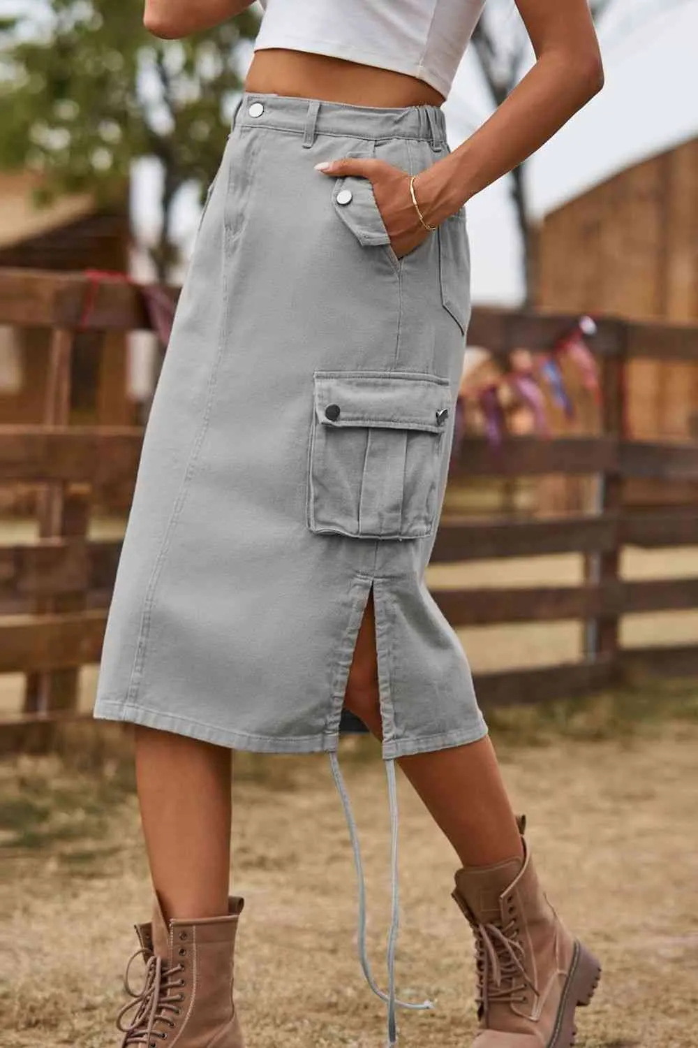 Drawstring Denim Cargo Midi Skirt (4 colors)