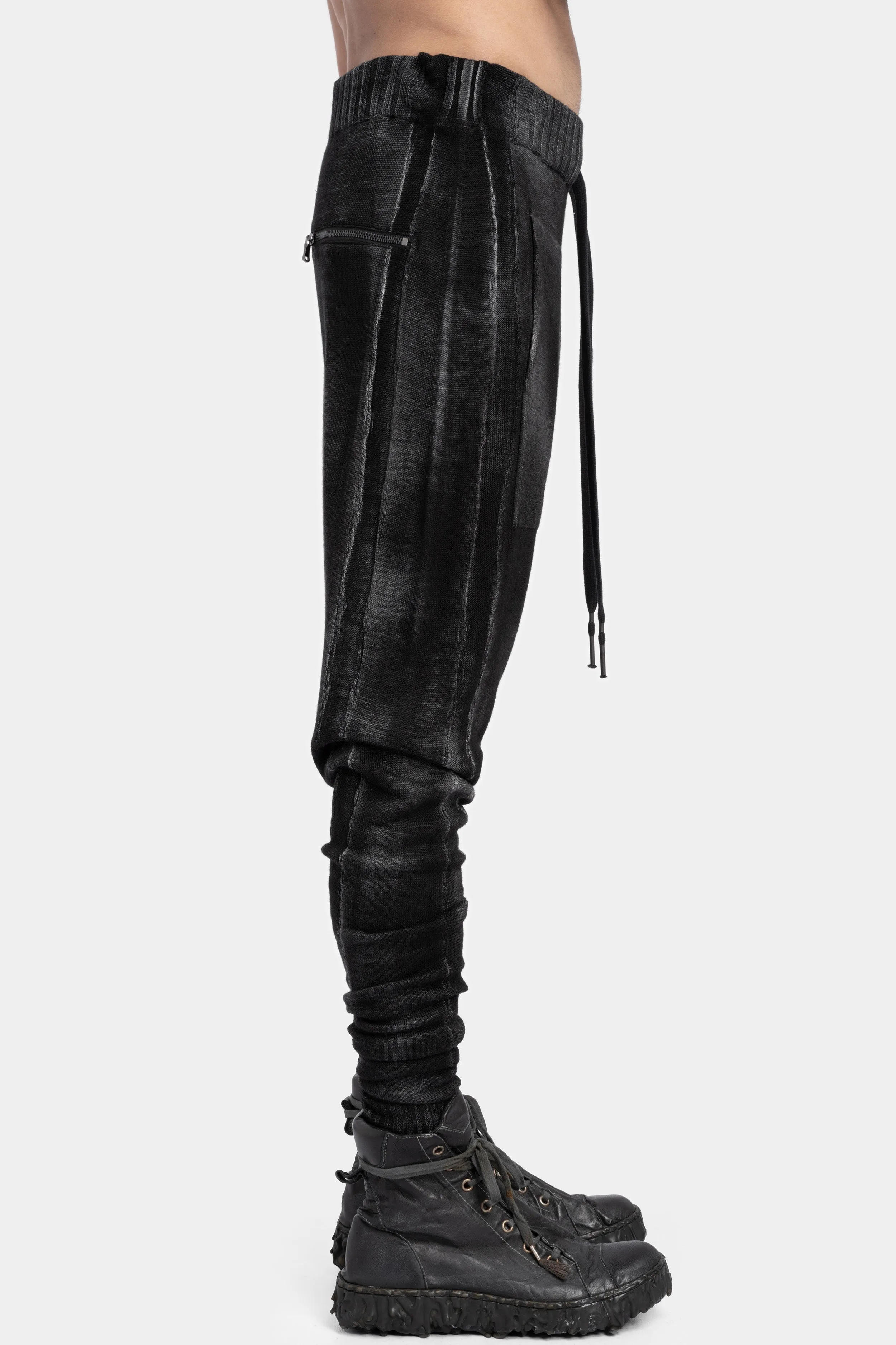 Drop crotch knit pants, Black spray