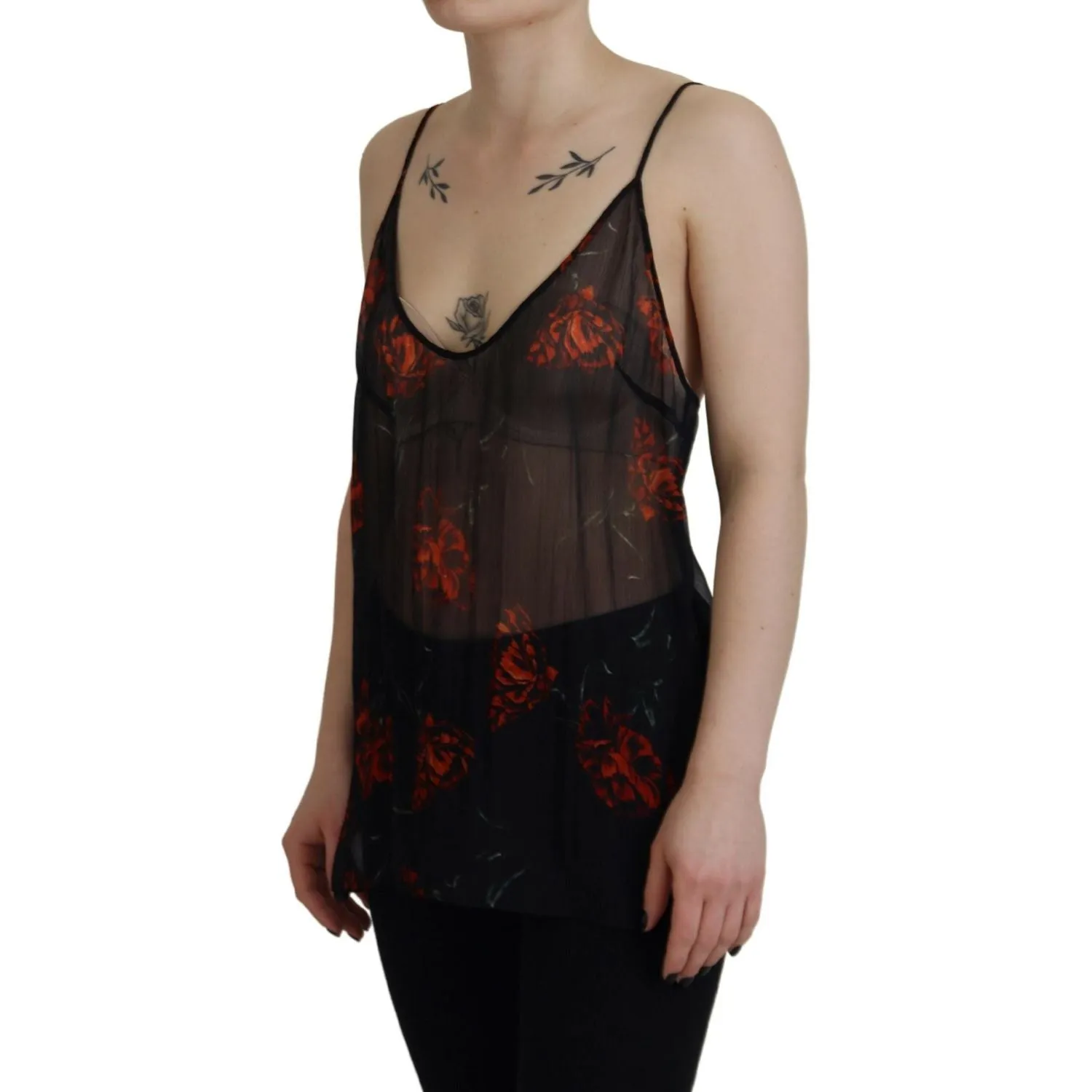 Dsquared² Black Floral Print Spaghetti Strap Tank Blouse Top