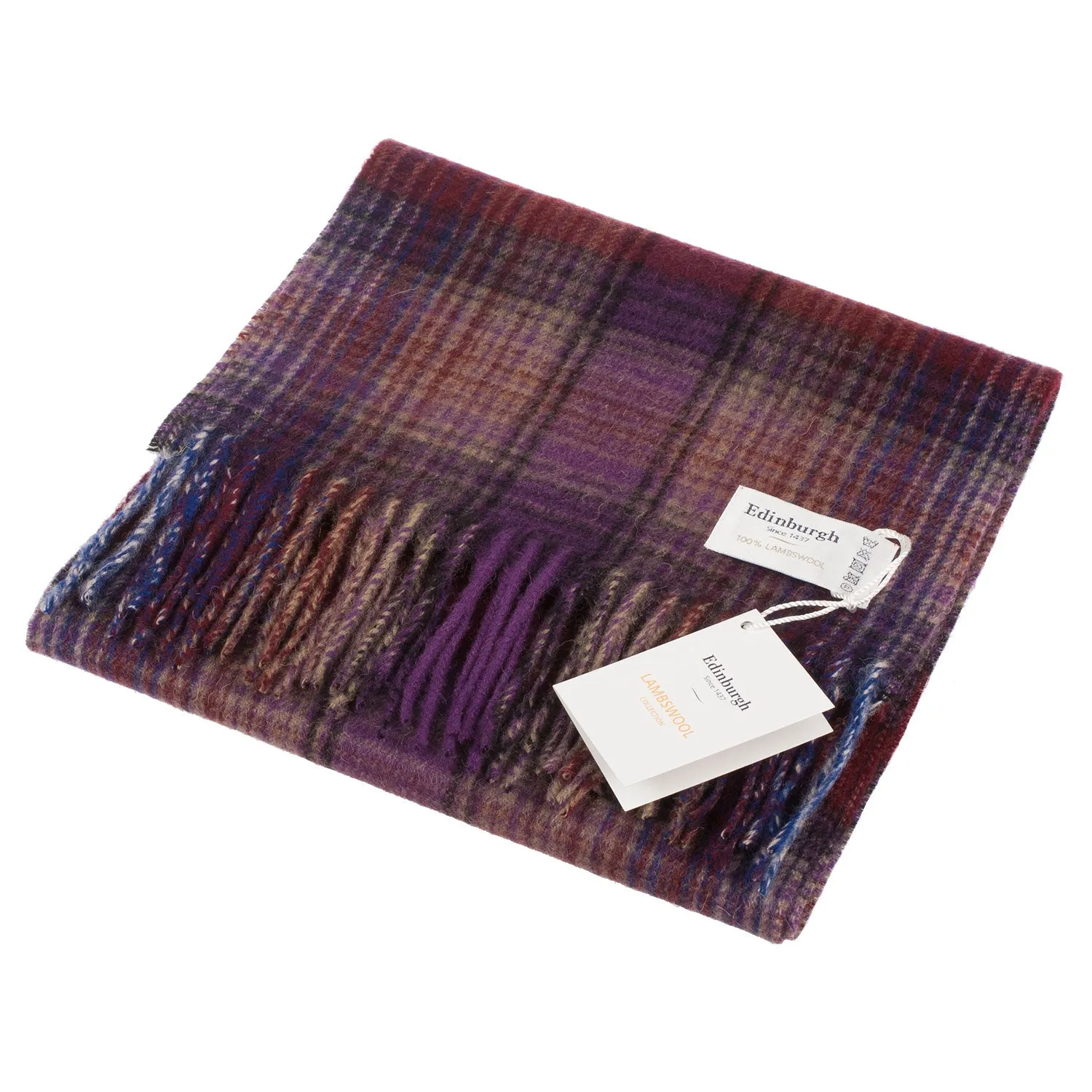 Edinburgh 100% Lambswool Scarf  Graded Stripey Check - Trench/Wineberry