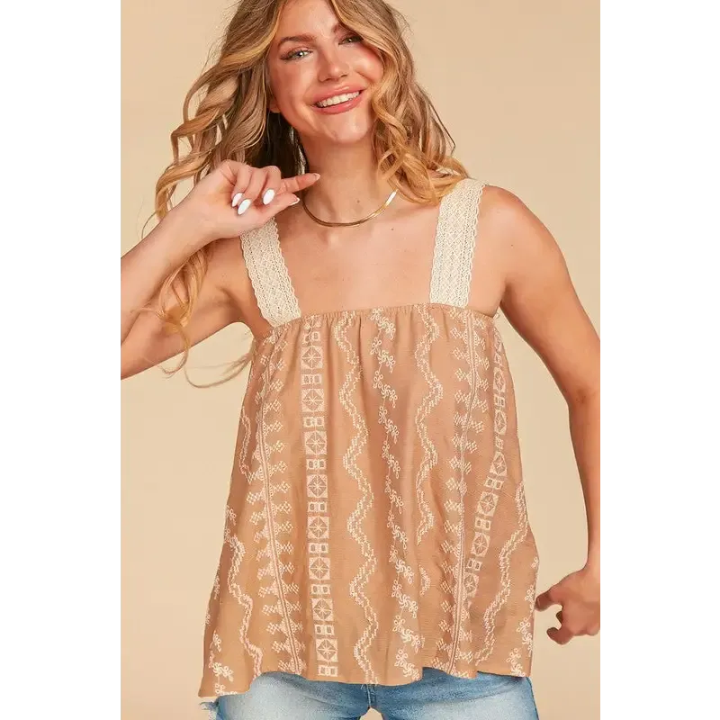 EMBROIDERED CROCHET LACE WOVEN TANK TOP