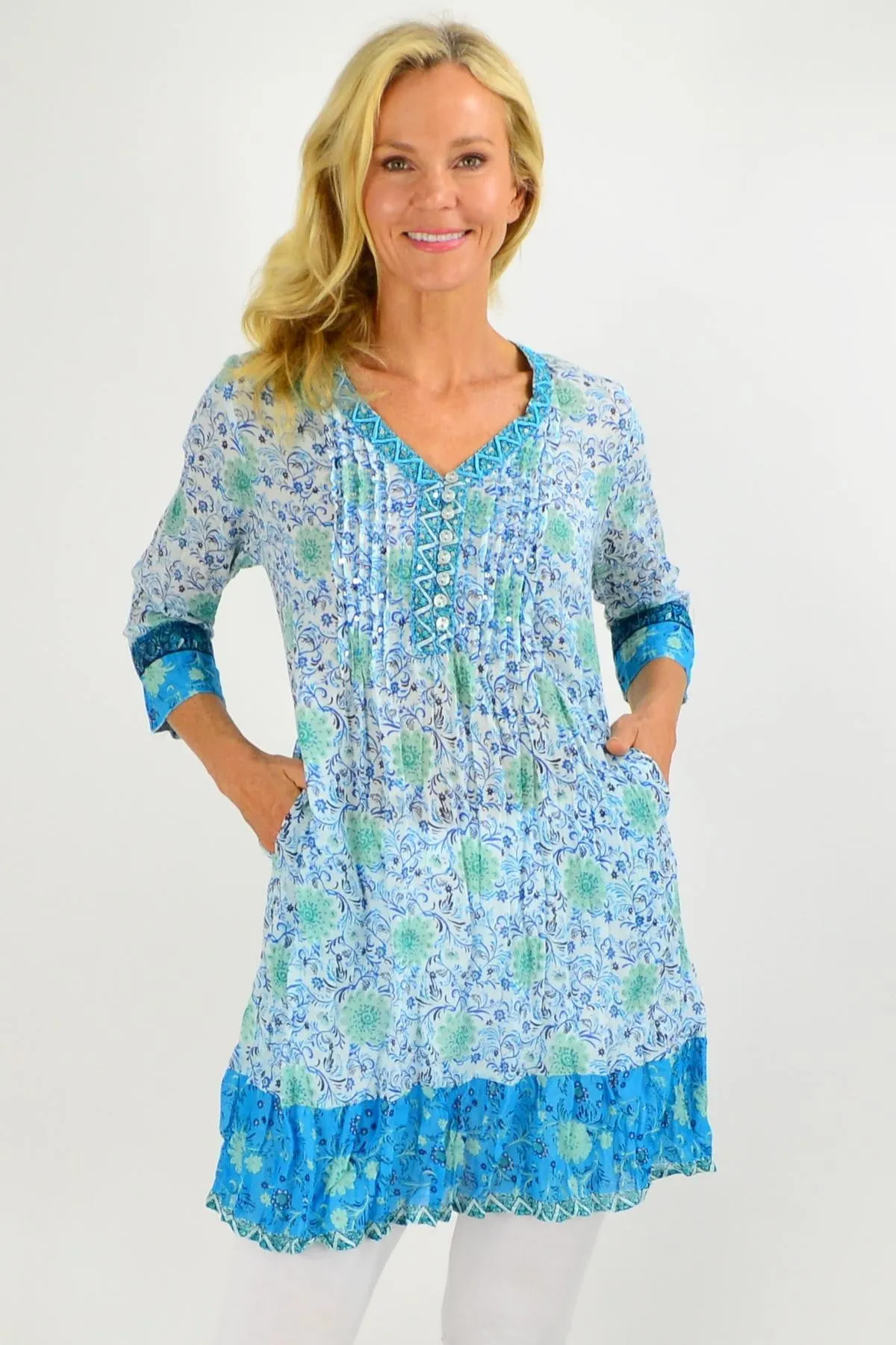 Faro V Neck Pleated Tunic Dress