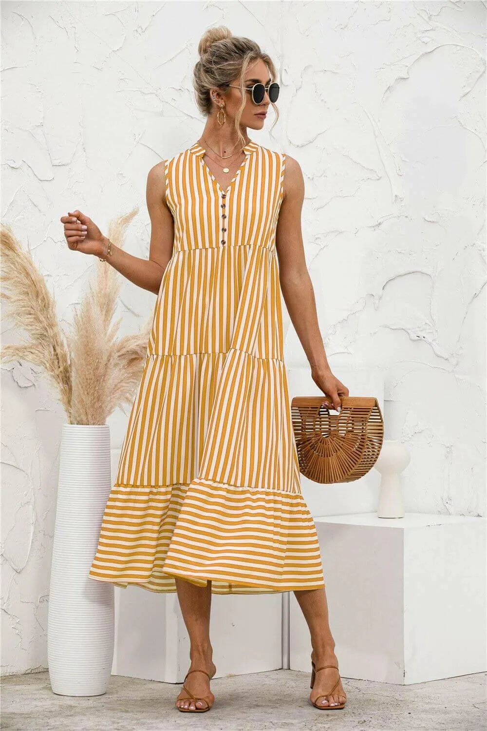 Fashion Casual Striped Patchwork Big Swing Midi Dresses