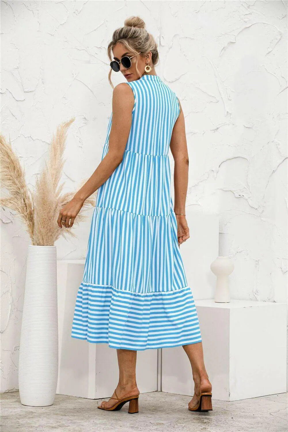 Fashion Casual Striped Patchwork Big Swing Midi Dresses