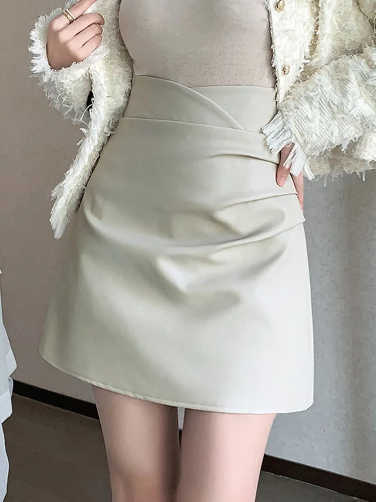 Fashionkova High Waist A-line Skirt Women New 2023 Autumn Korean Style Solid Color PU Leather Pleated Ladies Elegant Mini Skirts W1358