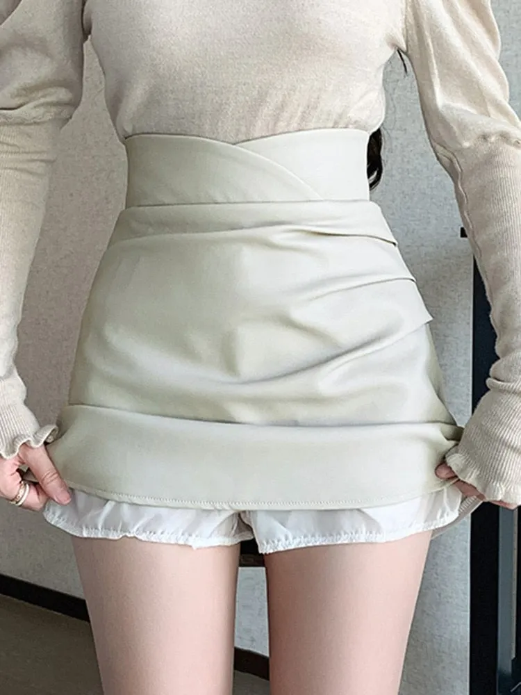 Fashionkova High Waist A-line Skirt Women New 2023 Autumn Korean Style Solid Color PU Leather Pleated Ladies Elegant Mini Skirts W1358