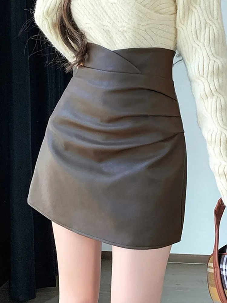 Fashionkova High Waist A-line Skirt Women New 2023 Autumn Korean Style Solid Color PU Leather Pleated Ladies Elegant Mini Skirts W1358