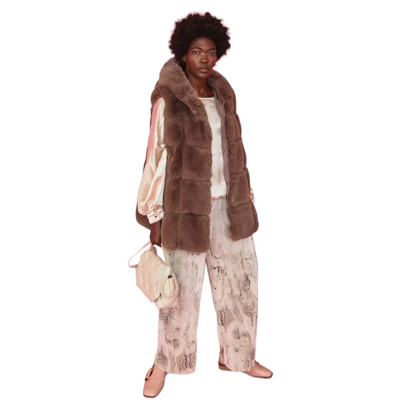 Faux Fur Long Hooded Gilet Chocolate Mocha