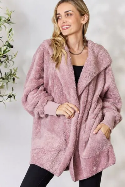 Faux Fur Open Front Hooded Jacket