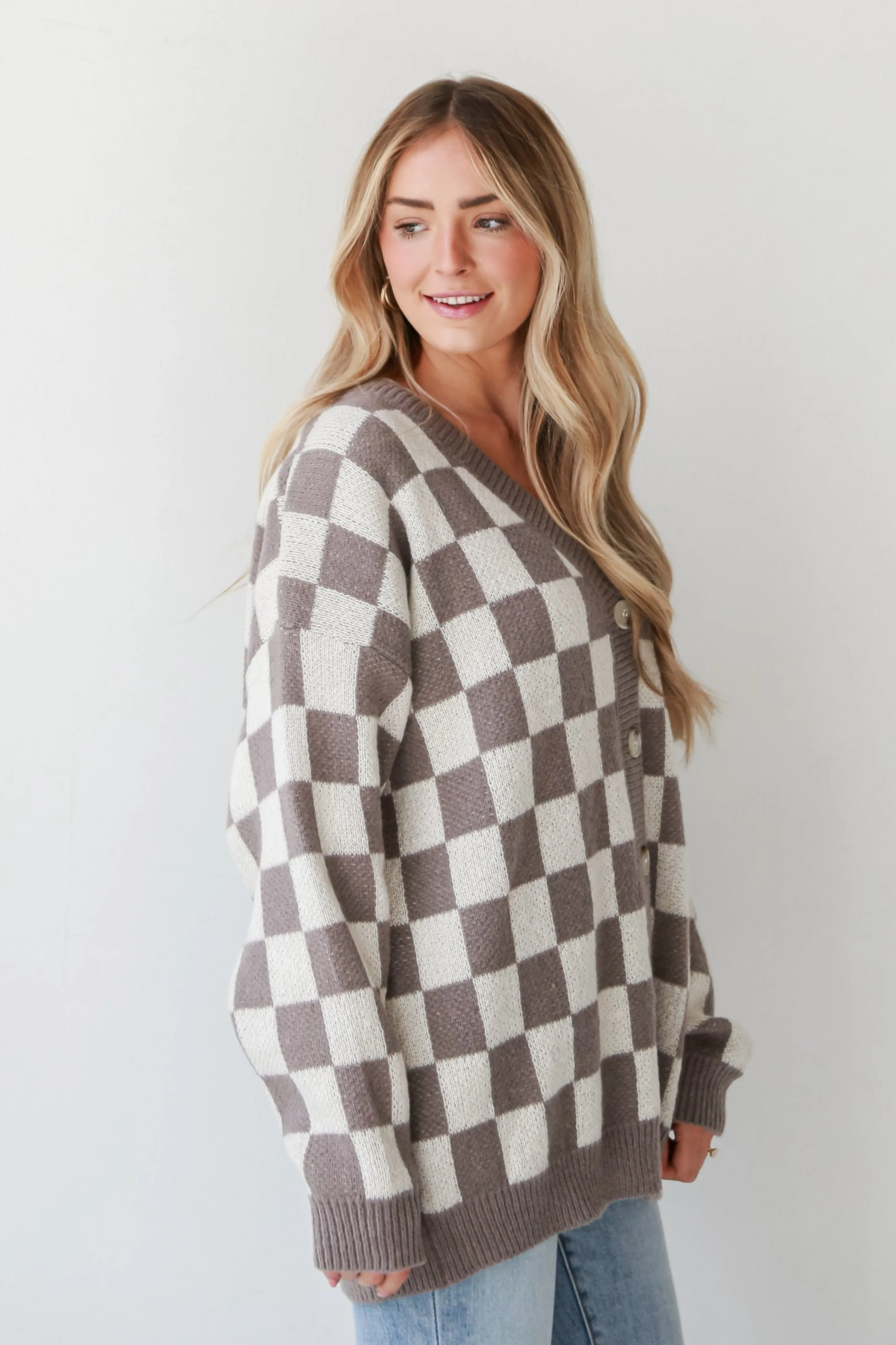 FINAL SALE - Upscale Perfection Mocha Checkered Sweater Cardigan