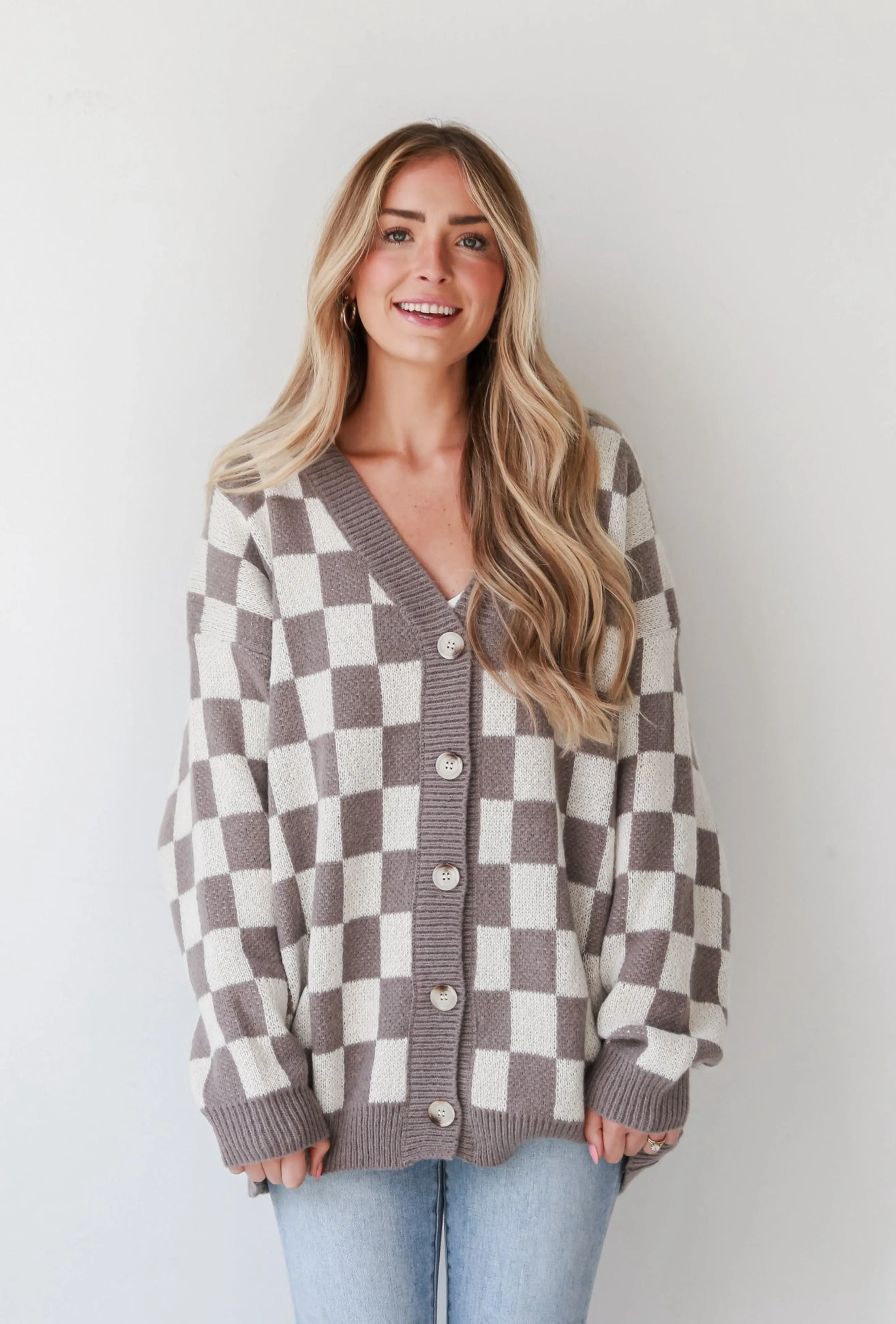 FINAL SALE - Upscale Perfection Mocha Checkered Sweater Cardigan