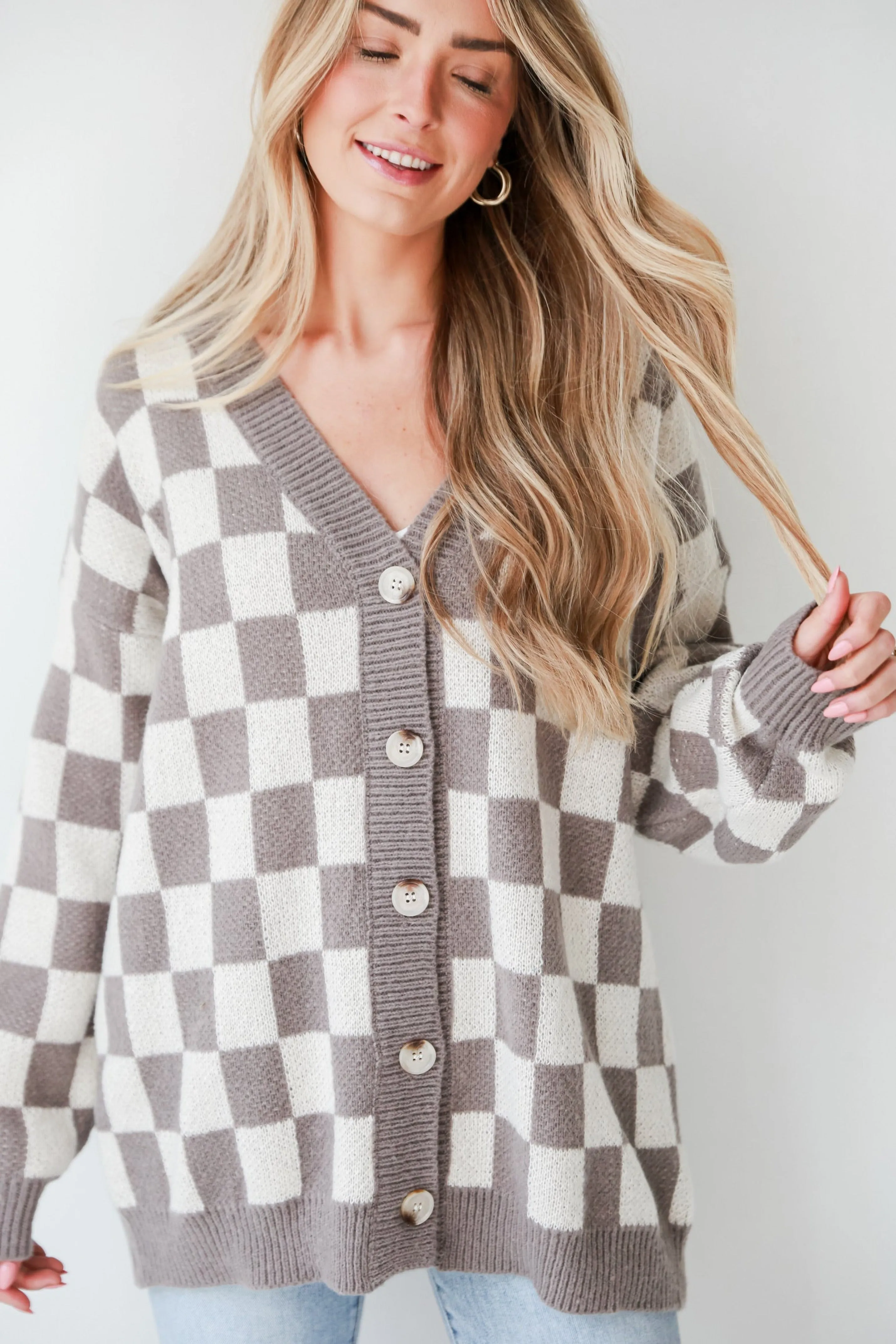 FINAL SALE - Upscale Perfection Mocha Checkered Sweater Cardigan