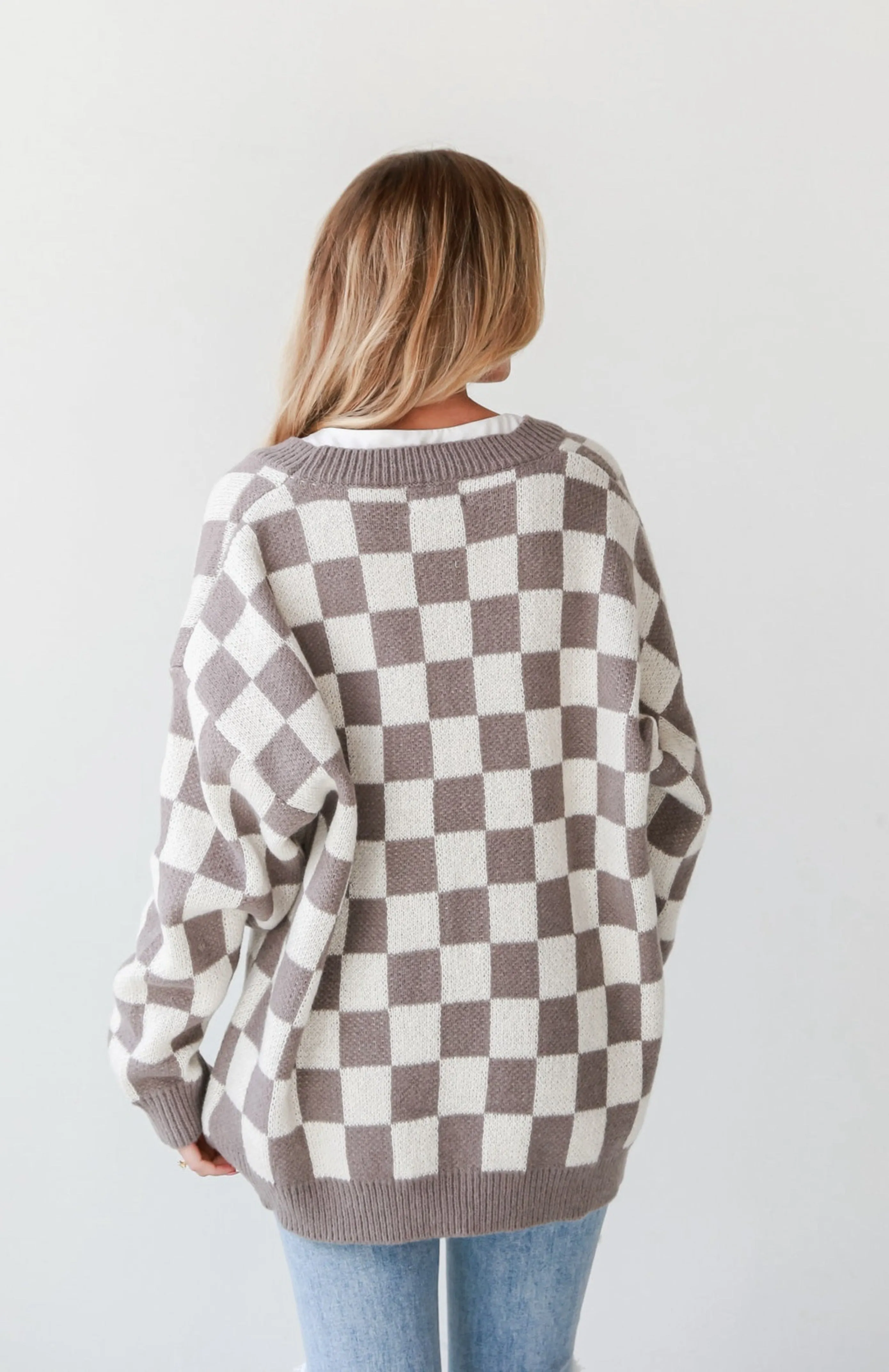 FINAL SALE - Upscale Perfection Mocha Checkered Sweater Cardigan