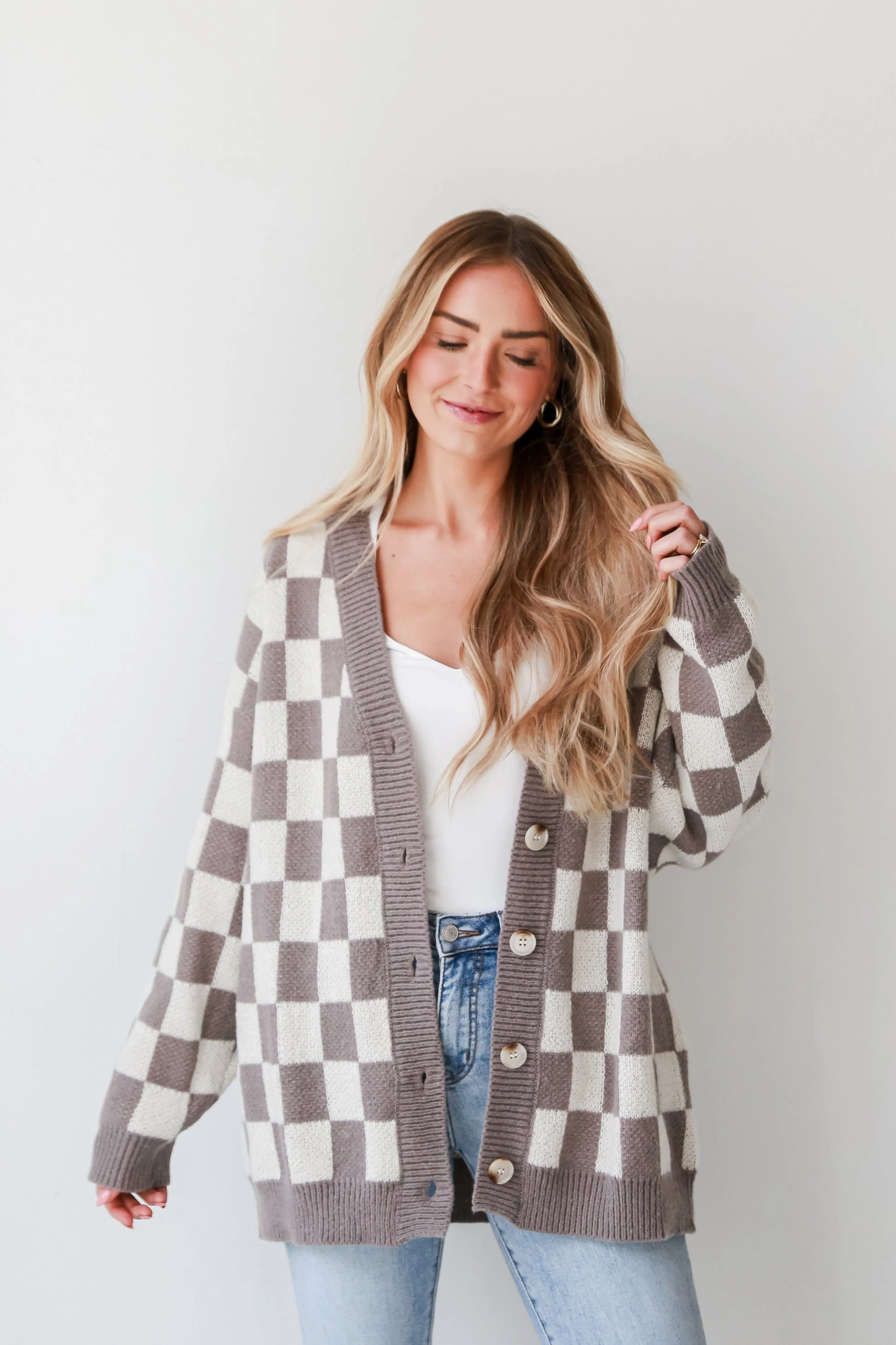 FINAL SALE - Upscale Perfection Mocha Checkered Sweater Cardigan