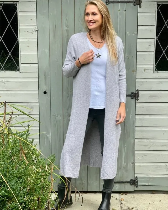 Fine Knit Long Cardigan - Pale Grey