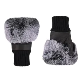 Fingerless Black Leather Gloves with Faux Fur Grey Trim