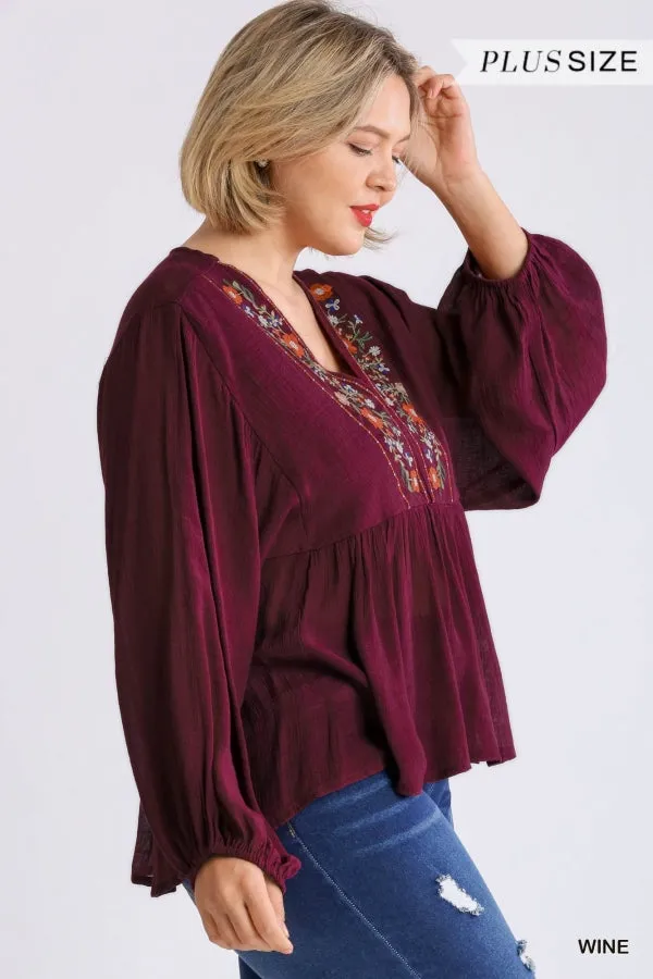 Floral Embroidered Top, Wine