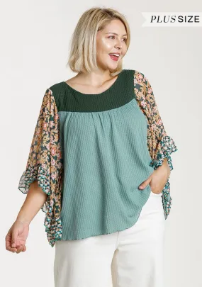 Floral Metallic Butterfly Sleeve Top, Mint