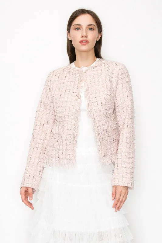 Fringed Plaid Check Tweed Jacket pink