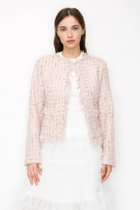 Fringed Plaid Check Tweed Jacket pink