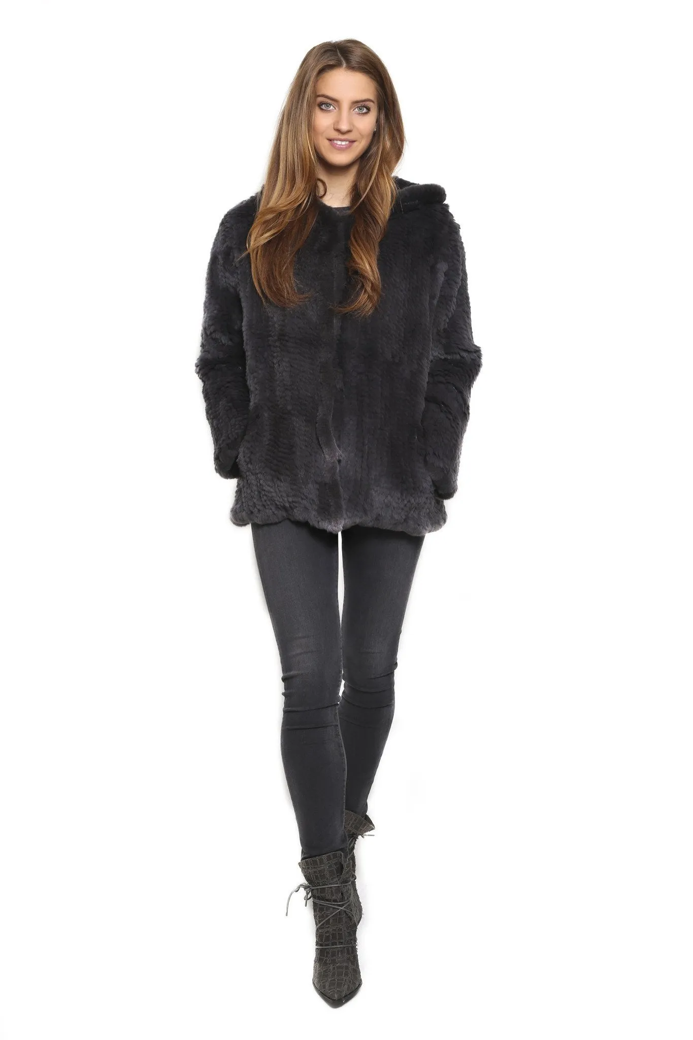 Fur 5 Eight Knitted Real Rex Rabbit Fur Hooded Jacket