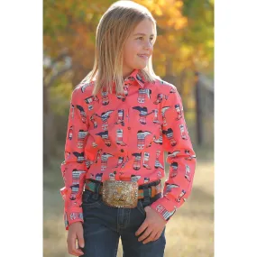 Girl's Cinch Boot Print Snap Front Western Shirt - Coral