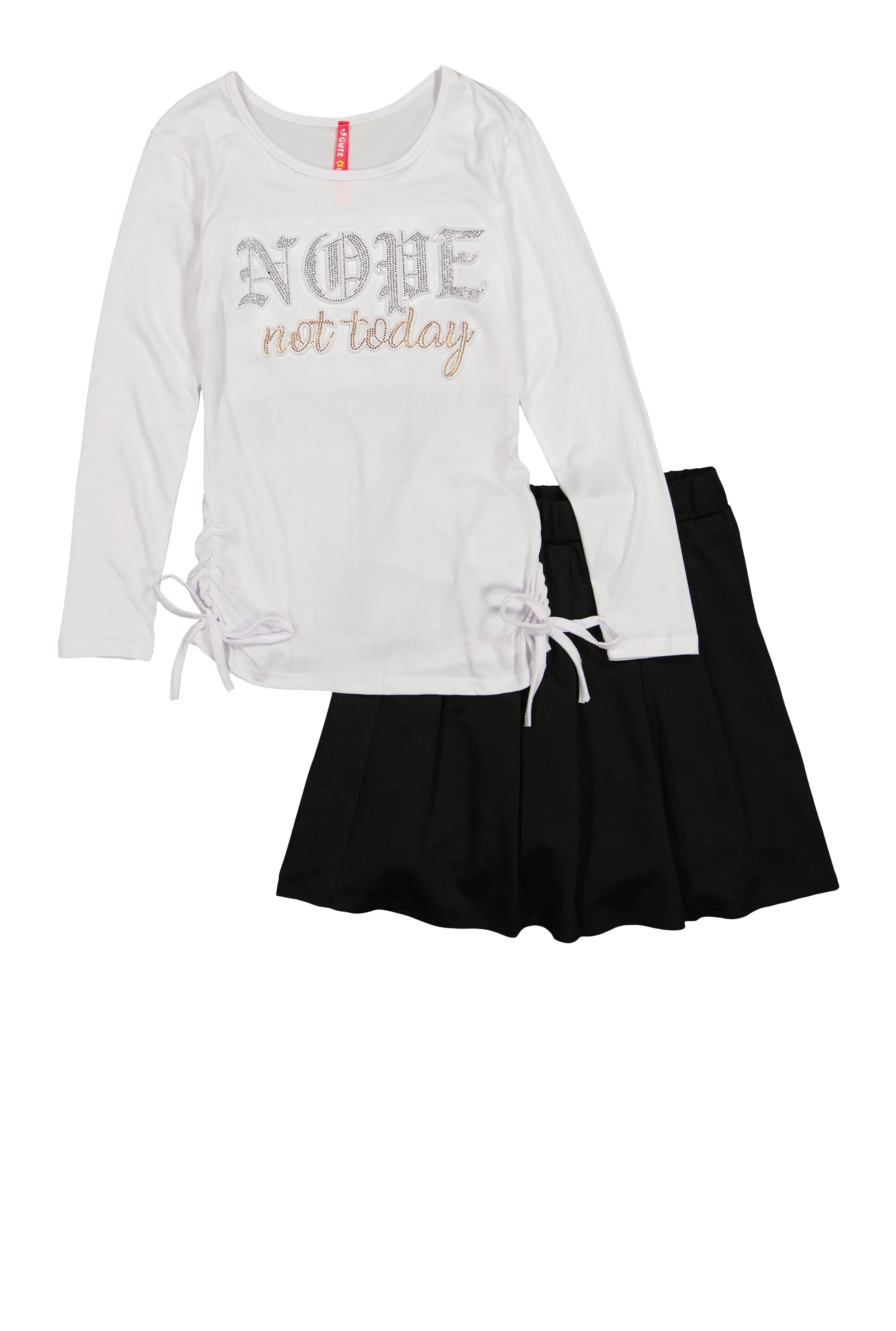 Girls Rhinestone Nope Not Today Top and Pleated Skirt