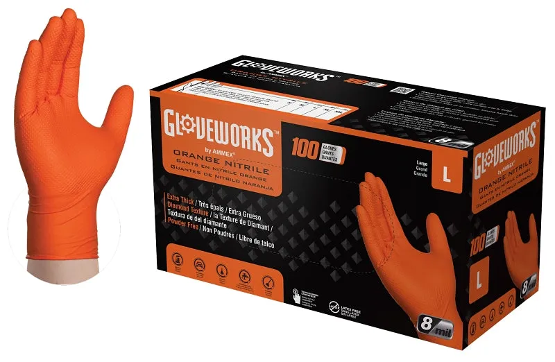 Gloveworks GWON46100 Heavy-Duty Disposable Gloves, L, Nitrile, Powder-Free, Orange, 9-1/2 in L :BX100: QUANTITY: 1