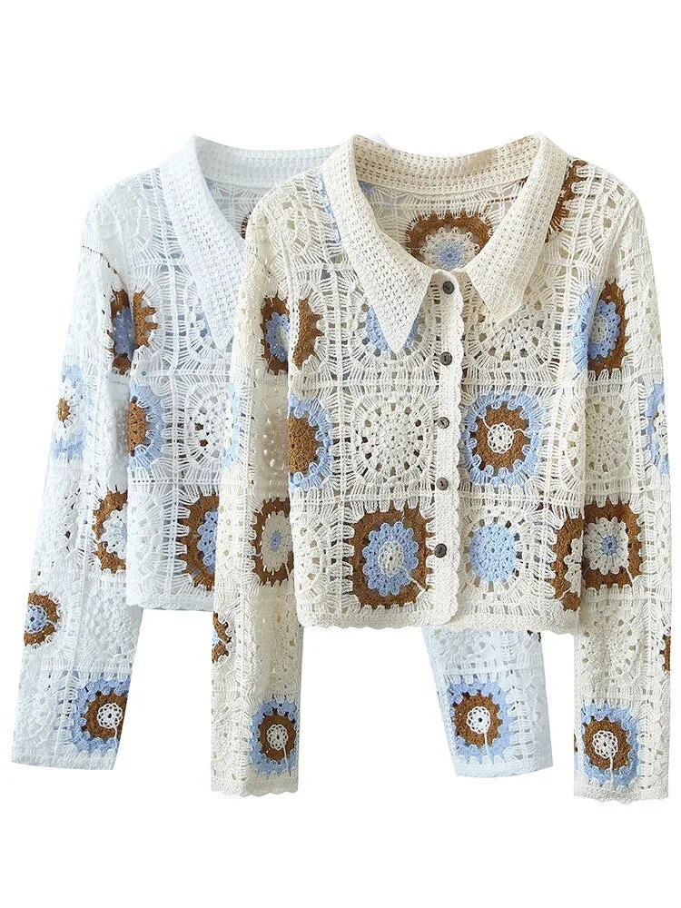 Granny Squares Button Up Collar Shirt White Or Beige With Brown Baby Blue Midrift Boho Sweater Cardigan Knitted Bohemian Long Sleeve Top One Size