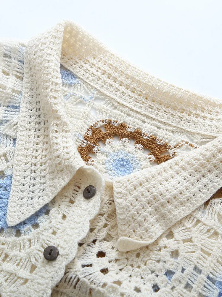 Granny Squares Button Up Collar Shirt White Or Beige With Brown Baby Blue Midrift Boho Sweater Cardigan Knitted Bohemian Long Sleeve Top One Size