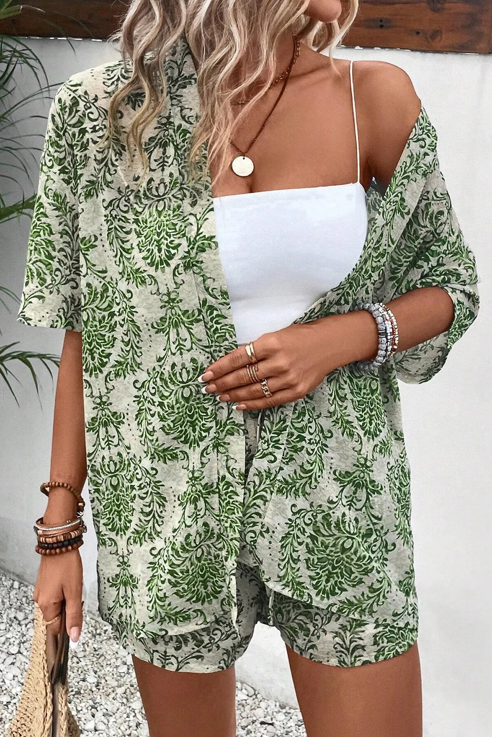 Green Vintage Floral Print Open Top and Shorts Outfit