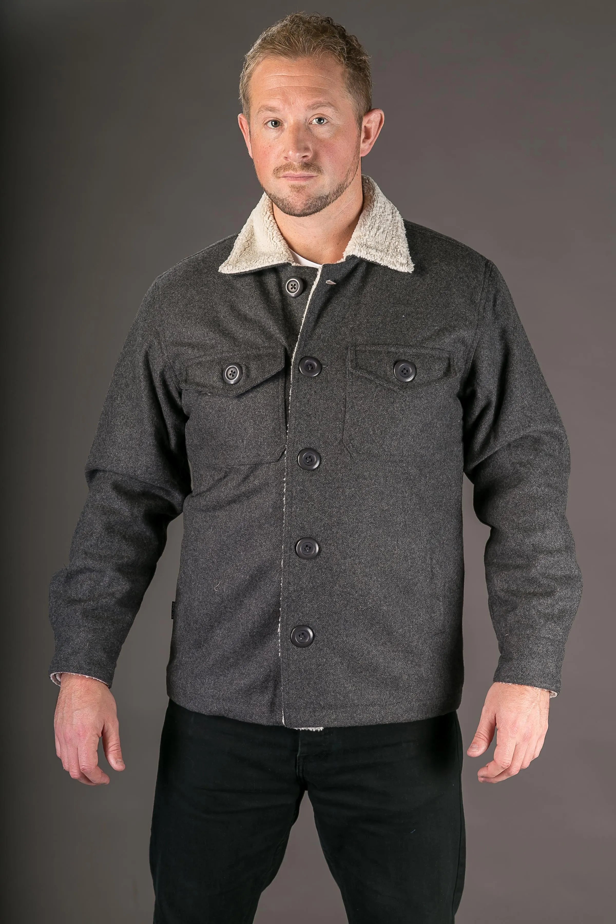 Grey Wool Mens Winter Jacket Shearling Lining