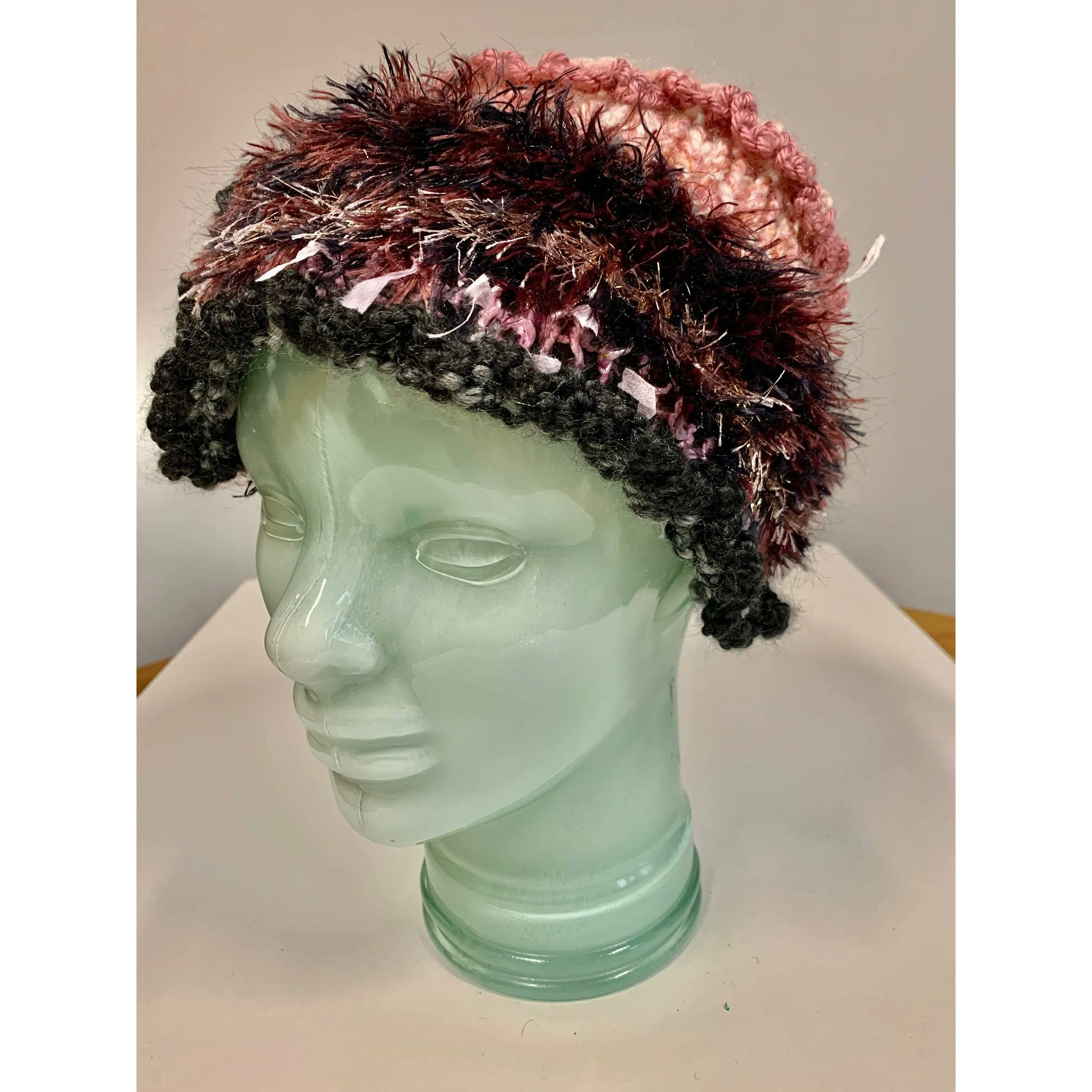 Hand knit in one piece pink, black, gray soft infinity scarf or Head band hat adornment with multiple stitch and color textures. Non wool.