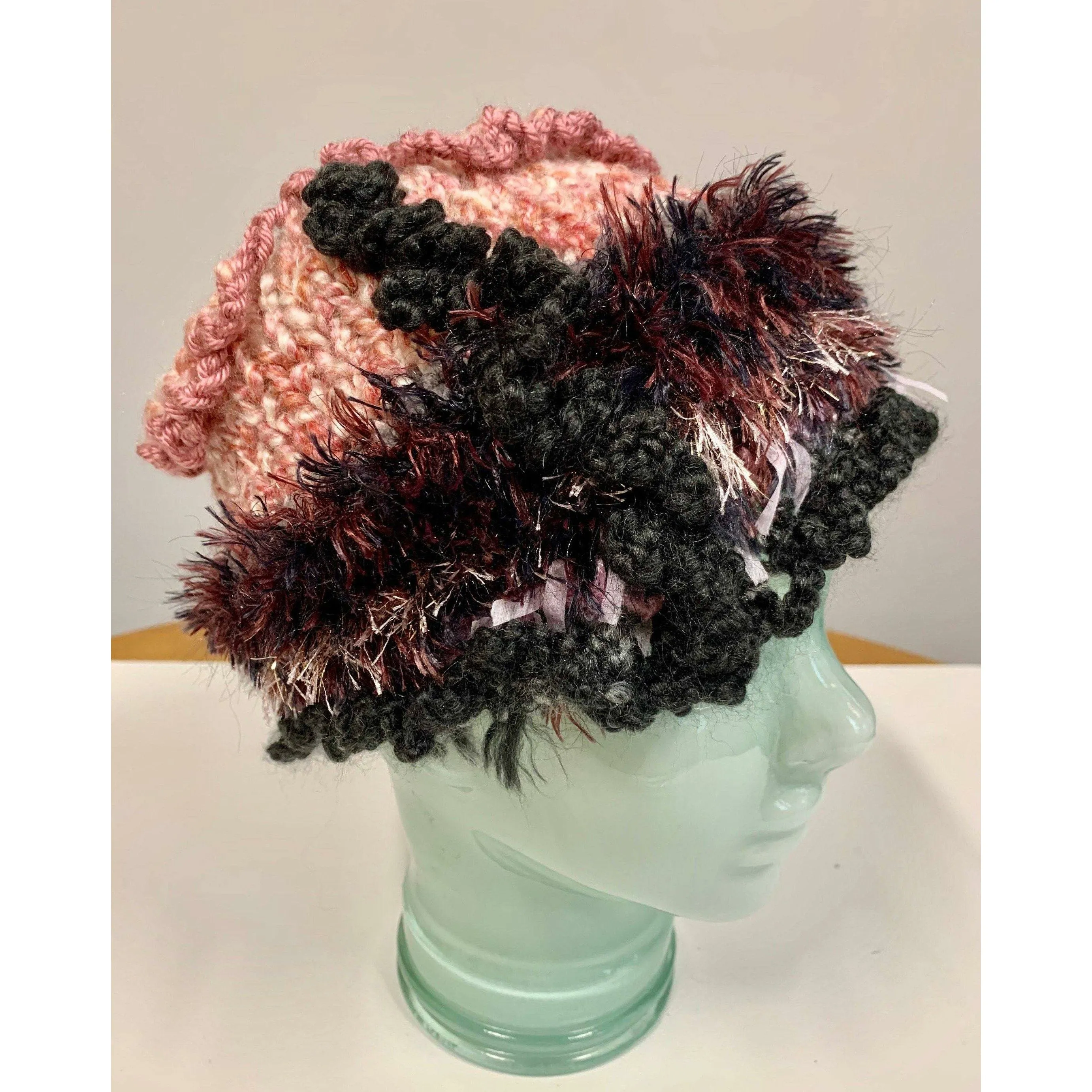 Hand knit in one piece pink, black, gray soft infinity scarf or Head band hat adornment with multiple stitch and color textures. Non wool.