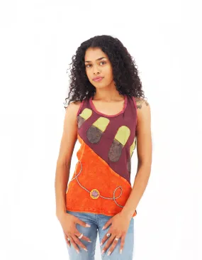 Handmade Patchwork Boho Tank Top 100% Pre-Washed Cotton Eggplant Orange Tones S-M-L-XL