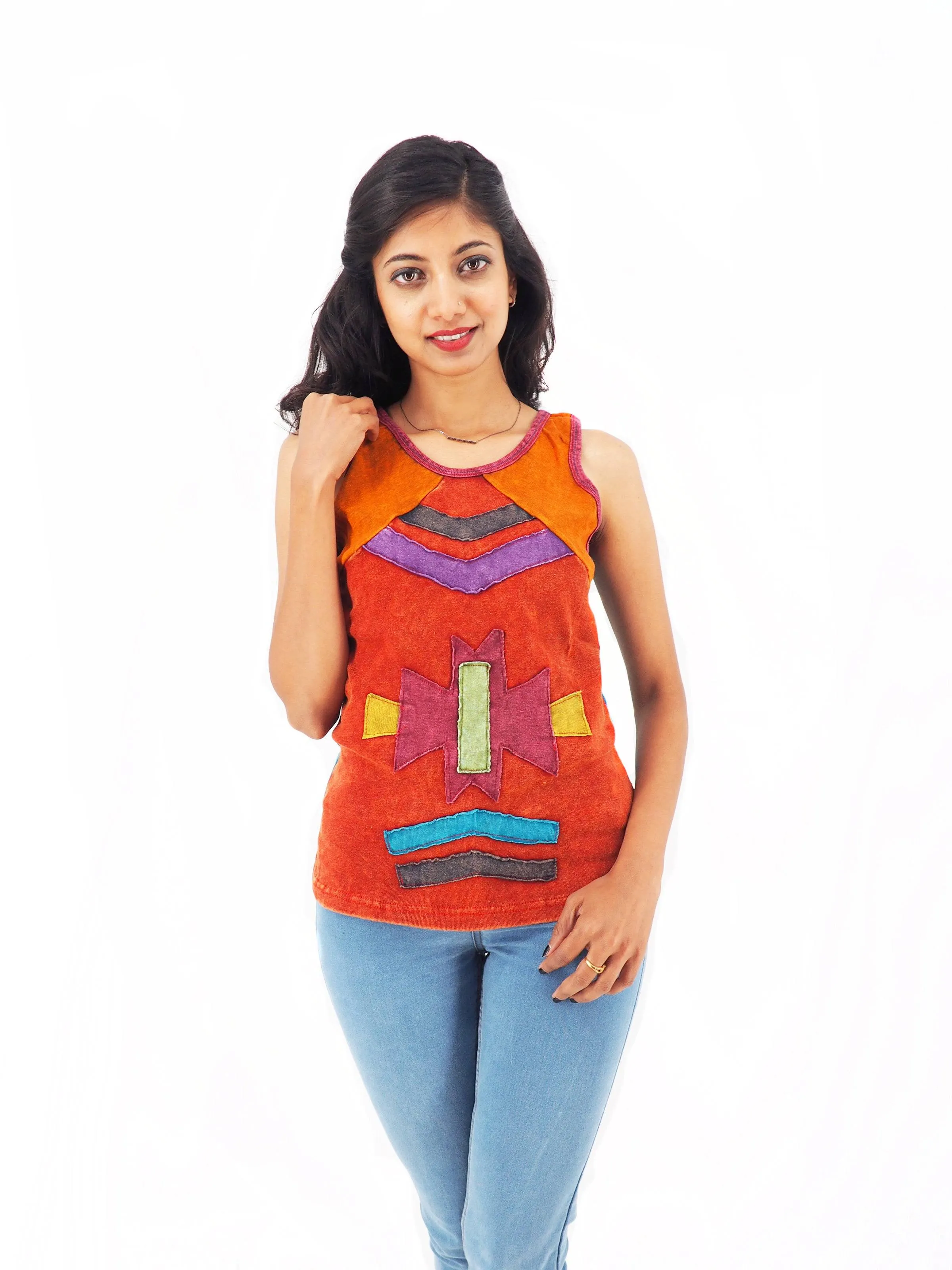 Handmade Patchwork Boho Tribal Tank Top 100% Pre-Washed Cotton Copper Tones S-M-L-XL