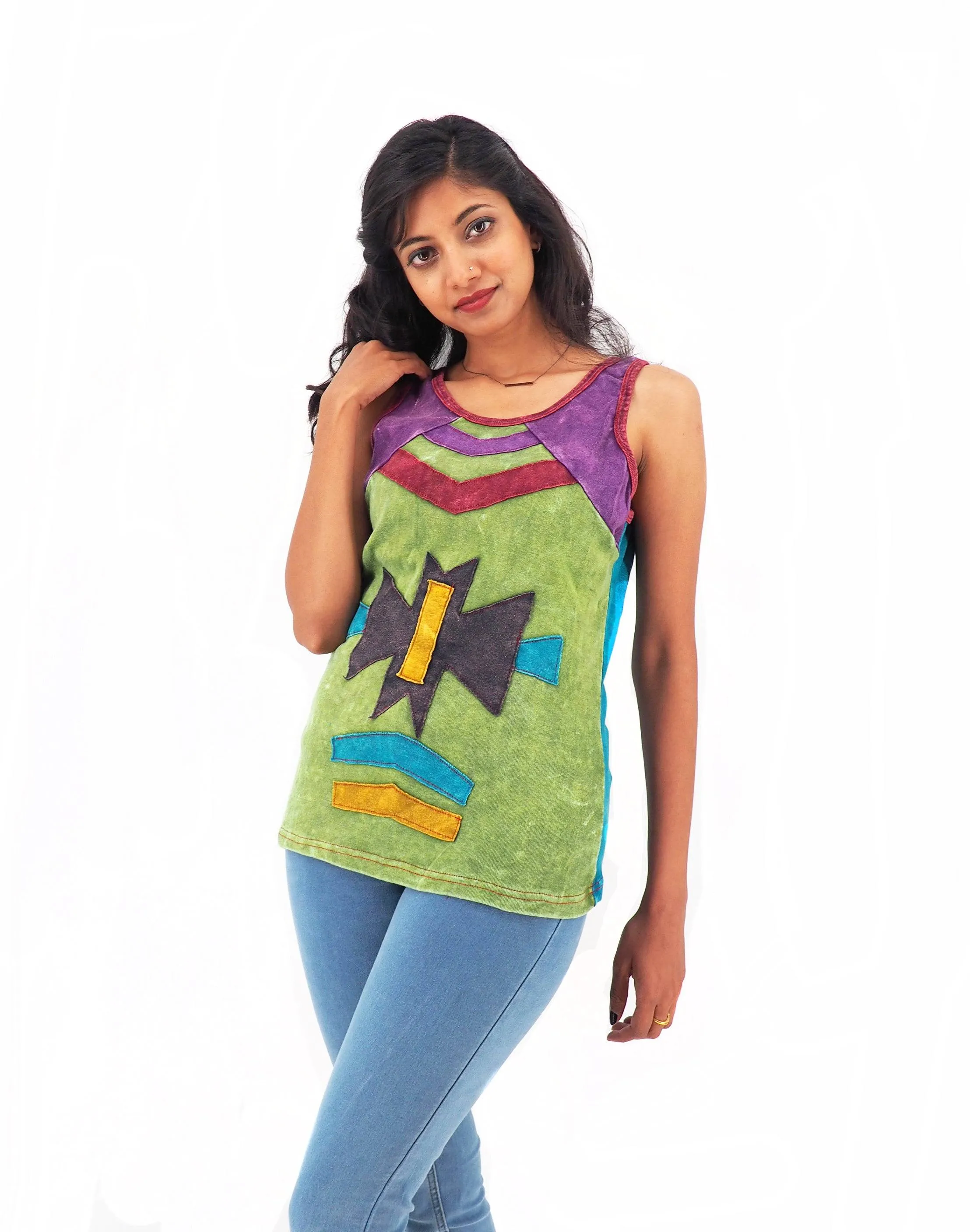 Handmade Patchwork Boho Tribal Tank Top 100% Pre-Washed Cotton Green Tones S-M-L-XL