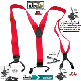 Holdup Brand Bright Fire Engine Red Dual Clip Pant Y-back Suspenders With Patented No-Slip Black Clips