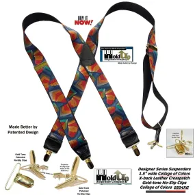 Holdup Collage of Colors Pattern X-back Suspenders and Patented No-slip Gold tone Clips